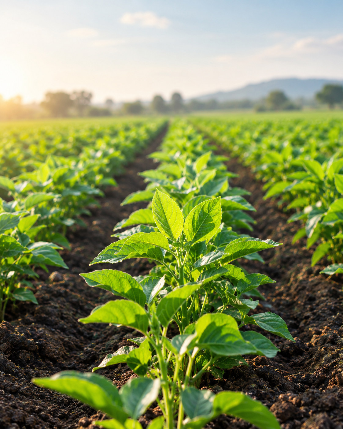 Green crop rows growing in a farm field
